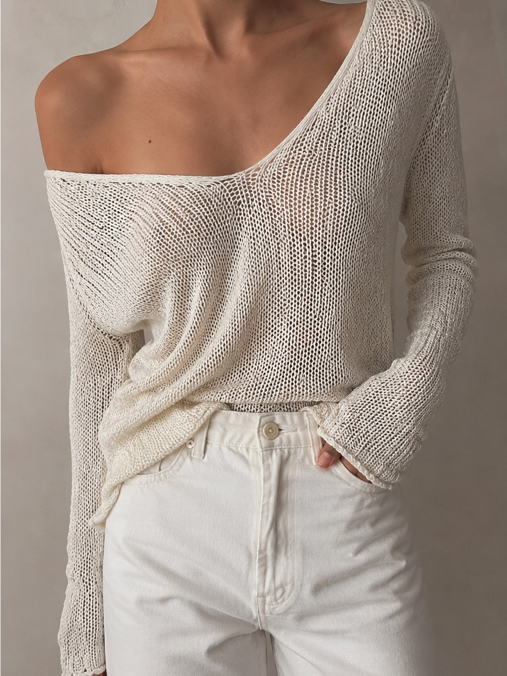 Talula Aritzia Cream Open-Knit Off-Shoulder Sweater boho asymmetrical
